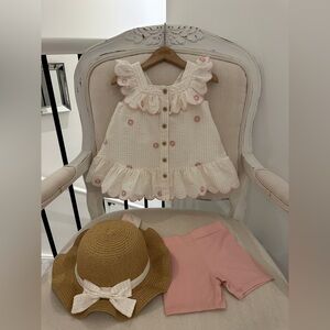 🦢 24 Month Baby Adorable White and Pink Ruffle Dress with Straw Hat & Shorts